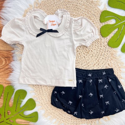 Conj. Blusa Gola com Laço e Saia Balonê Lacinhos - Areia e Preto